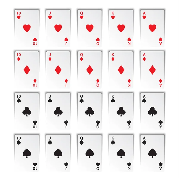 Uppsättning av royal Flusher isolerad på vit bakgrund, hjärtan, klubbar, diamanter och spader, casino spela kort — Stock vektor