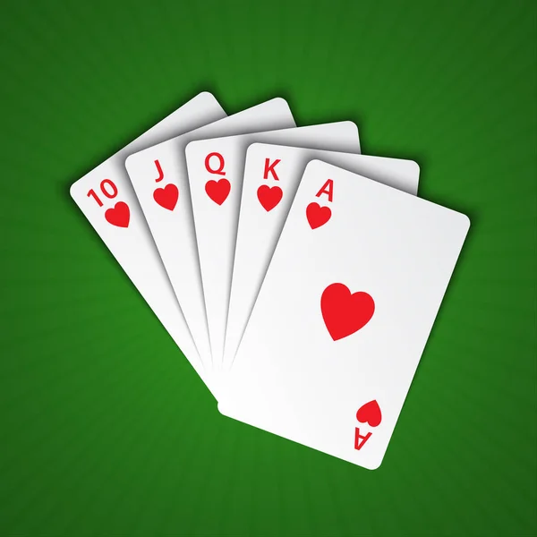 Un rubor real de corazones sobre fondo verde, ganar manos de cartas de póquer, casino jugando a las cartas — Vector de stock