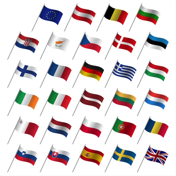 Vlajky zemí Evropské unie 2017, členské státy Eu, planoucí příznaky izolované na bílém pozadí — Stockový vektor
