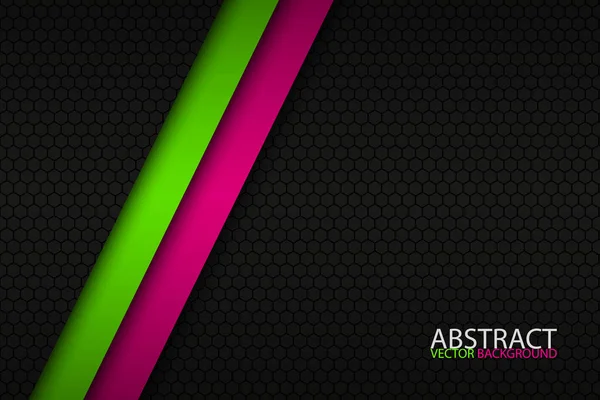Schwarzer abstrakter Hintergrund mit zwei hellen Streifen und sechseckigen Patern, rosa und grünen schrägen Linien, moderner Vektorhintergrund — Stockvektor