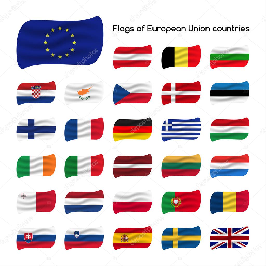 Set the flags of European Union countries, member states of EU, vector illustration isolated on white background