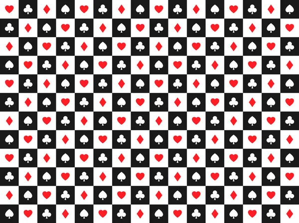 Fondo de póquer de vector abstracto sin costuras con signos de cartas, símbolos rojos y blancos en cuadrados blancos y negros, símbolos de casino — Vector de stock