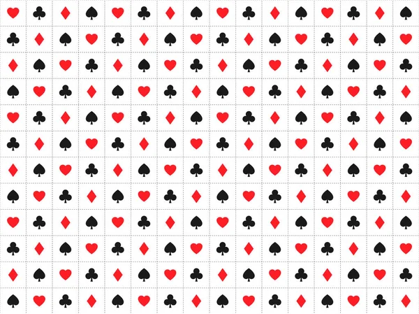 Παιγνιόχαρτο υπογράφει χωρίς ραφή πρότυπο, φόντο καζίνο με dashedlines, καρδιές, κλαμπ, διαμάντια και μπαστούνια, ανυσματικά εικονίδια και σύμβολα — Διανυσματικό Αρχείο