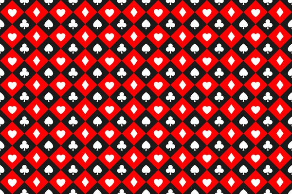Naadloze abstract vector poker achtergrond met speelkaarten tekenen, witte symbolen vierkantjes op rode en zwarte vierkantjes, casino symbolen — Stockvector