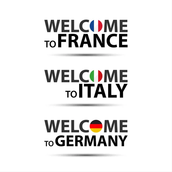 Welkom bij Frankrijk, Welkom bij Italië en Welkom bij Duitsland symbolen met vlaggen, eenvoudige moderne Franse, Italiaanse, een Duitse pictogrammen geïsoleerd op een witte achtergrond, vectorillustratie — Stockvector