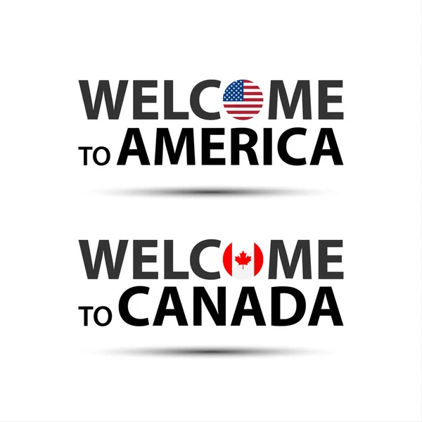 Bienvenido a América, EE.UU. y bienvenido a los símbolos de Canadá con banderas, iconos americanos y canadienses modernos simples aislados sobre fondo blanco, ilustración vectorial — Vector de stock