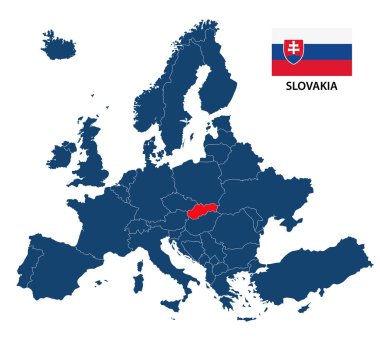Avrupa haritası üzerinde beyaz bir arka plan izole vurgulanan Slovakya ve Slovak bayrak ile vektör çizim