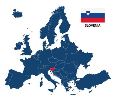 Avrupa haritası üzerinde beyaz bir arka plan izole vurgulanan Slovenya ve Sloven Dili bayrak ile vektör çizim