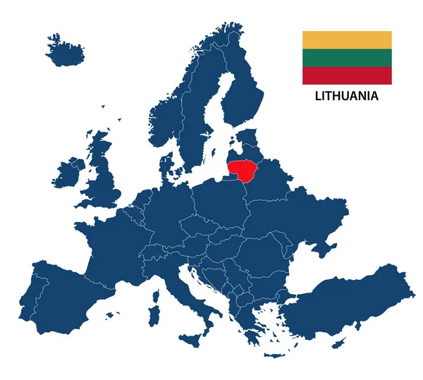 Ilustracja wektorowa mapa Europy z podświetloną Litwy i litewski Flaga na białym tle na białym tle — Wektor stockowy