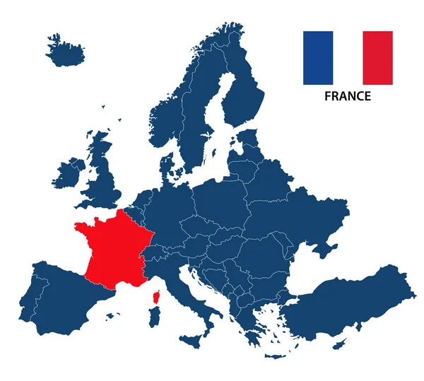 Illustration vectorielle d'une carte de l'Europe mettant en évidence la France et le drapeau français isolés sur fond blanc — Image vectorielle