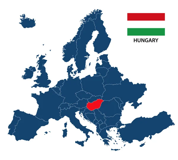 Ilustración vectorial de un mapa de Europa con la bandera húngara y húngara destacada aislada sobre un fondo blanco — Vector de stock