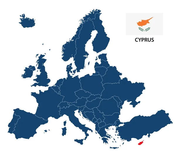 Vektorové ilustrace, mapy Evropy s zvýrazněné Kypr a Kyperskou vlajkou izolovaných na bílém pozadí — Stockový vektor