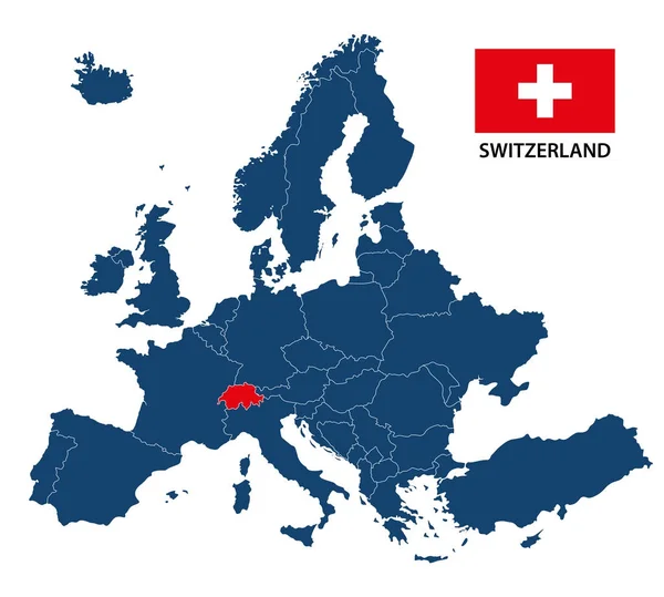 Ilustración vectorial de un mapa de Europa con la bandera suiza y suiza destacadas aisladas sobre un fondo blanco — Vector de stock