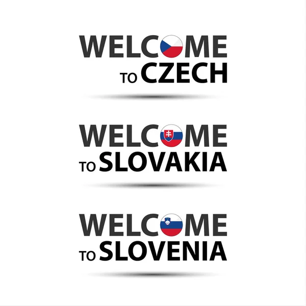 Selamat datang di Ceko, selamat datang di Slovakia dan selamat datang di Slovenia simbol-simbol dengan bendera, sederhana modern Ceko, Slowakia dan Slovenia ikon terisolasi pada latar belakang putih, vektor ilustrasi - Stok Vektor