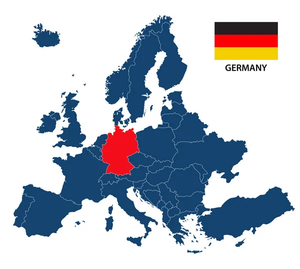 Illustrazione vettoriale di una mappa dell'Europa con la Germania evidenziata e la bandiera tedesca isolata su sfondo bianco — Vettoriale Stock