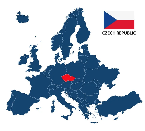 Vektorillustration einer Europakarte mit hervorgehobener Tschechischer Republik und tschechischer Flagge auf weißem Hintergrund — Stockvektor