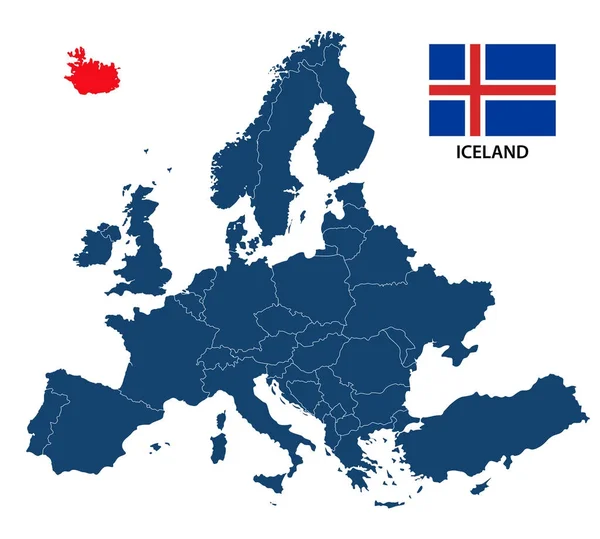 Ilustracja wektorowa mapa Europy z podświetloną flaga Islandii i islandzki na białym tle na białym tle — Wektor stockowy