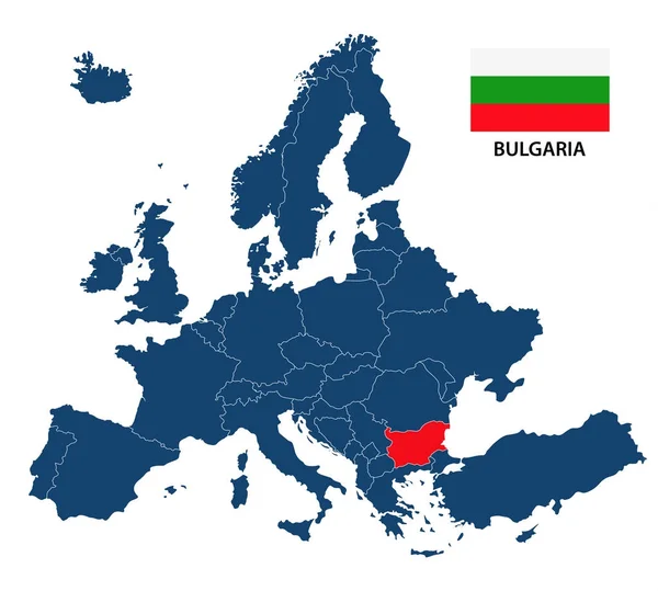 Ilustración vectorial de un mapa de Europa con la bandera búlgara y búlgara destacadas aisladas sobre un fondo blanco — Vector de stock