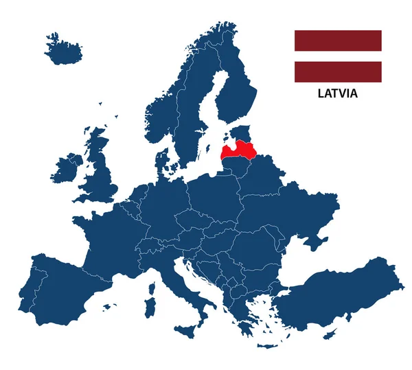Ilustracja wektorowa mapa Europy z podświetloną flaga Łotwy i łotewski na białym tle na białym tle — Wektor stockowy