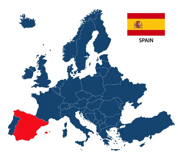 Avrupa haritası üzerinde beyaz bir arka plan izole vurgulanan İspanya ve İspanyol bayrağı ile vektör çizim — Stok Vektör