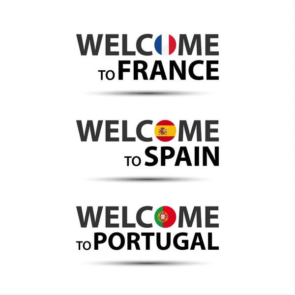 Beyaz arka plan üzerinde vektör illüstrasyon izole basit modern Fransızca, İspanyolca ve Portekizce simgeler Fransa, Hoşgeldiniz İspanya ve Portekiz sembolleri bayraklı, hoş geldiniz hoş geldiniz — Stok Vektör