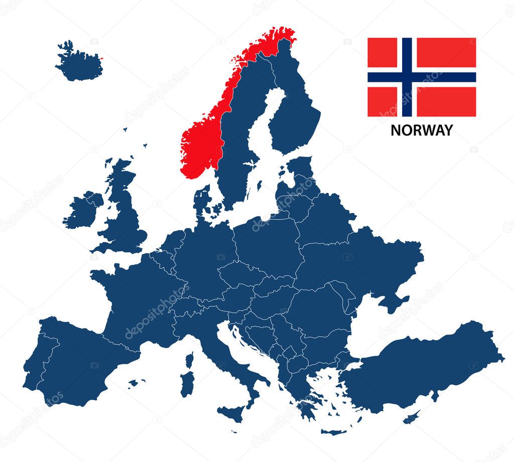 Vector illustration of a map of Europe with highlighted Norway and Norwegian flag isolated on a white background