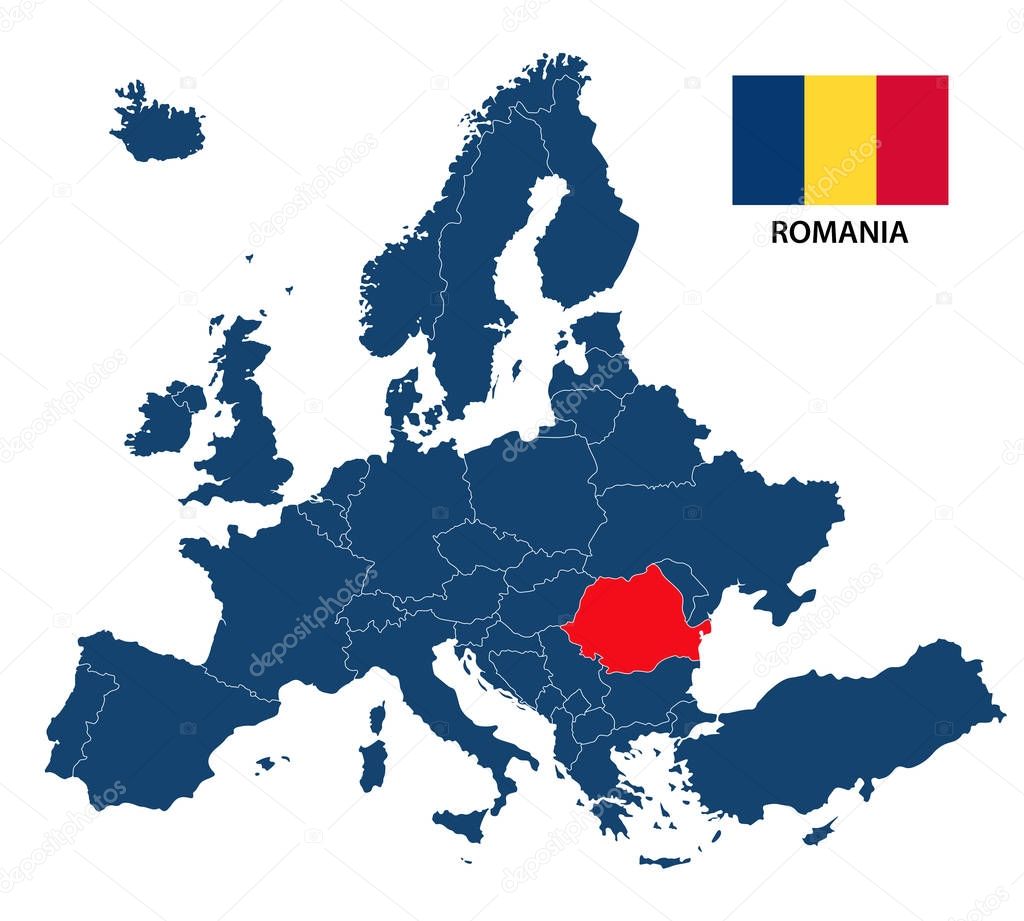 Vector illustration of a map of Europe with highlighted Romania and Romanian flag isolated on a white background
