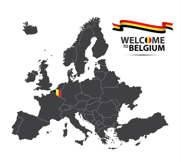 Ilustración vectorial de un mapa de Europa con el estado de Bélgica en la apariencia de la bandera belga y la cinta belga aislada sobre un fondo blanco — Vector de stock