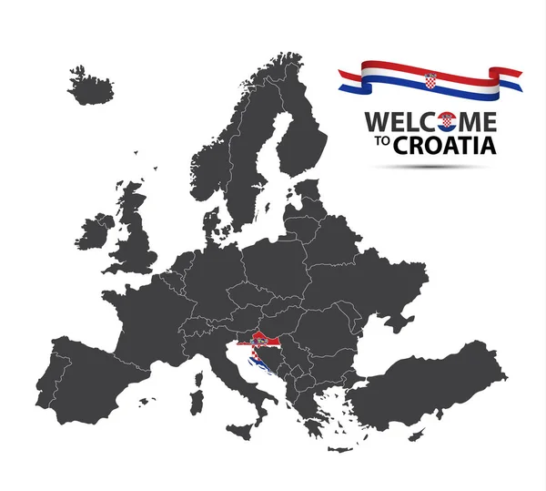 Ilustração vetorial de um mapa da Europa com o estado da Croácia no aparecimento da bandeira croata e fita croata isolada sobre um fundo branco —  Vetores de Stock