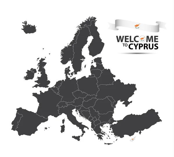 Ilustrație vectorială a unei hărți a Europei cu statul Cipru în apariția steagului cipriot și a panglicii cipriote izolate pe un fundal alb — Vector de stoc