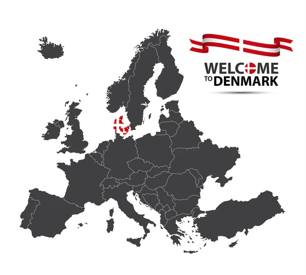 Ilustracja wektorowa mapa Europy z Państwa dania w wygląd flagi duńskiej i duński wstążki na białym tle na białym tle — Wektor stockowy