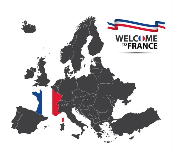 Векторная иллюстрация карты Европы с государством Франция в виде французского флага и французской ленты на белом фоне — стоковый вектор