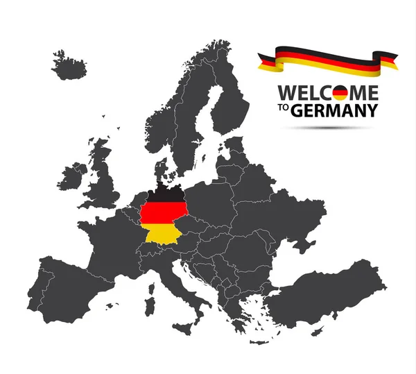 Ilustración vectorial de un mapa de Europa con el estado de Alemania en la apariencia de la bandera alemana y la cinta alemana aislada sobre un fondo blanco — Vector de stock