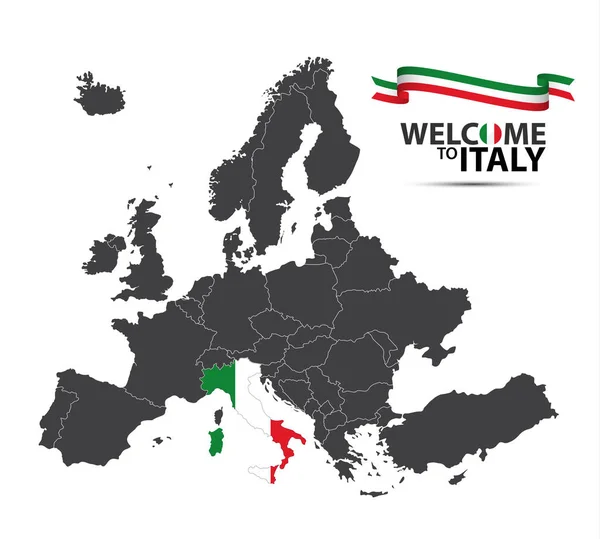 Ilustración vectorial de un mapa de Europa con el estado de Italia en la apariencia de la bandera italiana y la cinta italiana aislada sobre un fondo blanco — Vector de stock