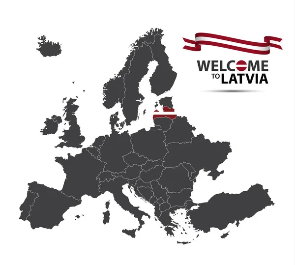 벡터 일러스트 레이 션의 라트비아 국가 라트비아 국기와 라트비아어 리본 흰색 배경에 고립의 외관에 유럽의 지도 — 스톡 벡터