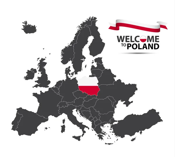 ポーランドの旗、白い背景に分離されたポーランドのリボンの外観でポーランドの状態とヨーロッパの地図のベクトル イラスト — ストックベクタ