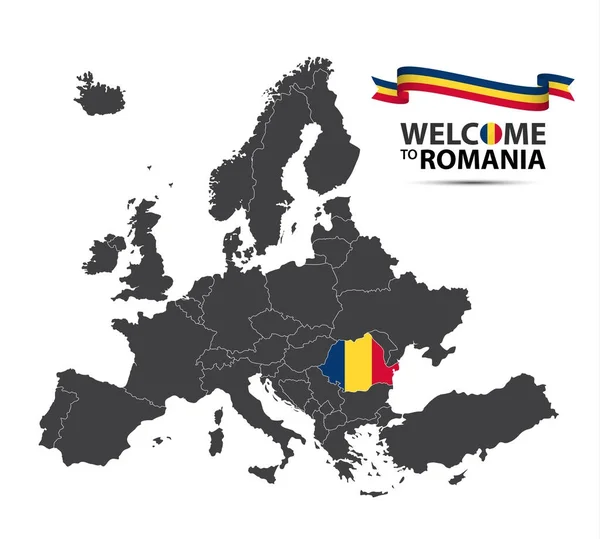 벡터 일러스트 레이 션의 루마니아 국기와 루마니아어 리본 흰색 배경에 고립의 외관에 루마니아의 국가와 유럽의 지도 — 스톡 벡터