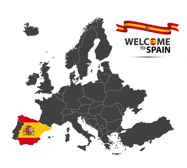Vector illustration of a map of Europe with the state of Spain in the appearance of the Spanish flag and Spanish ribbon isolated on a white background — Stock Vector
