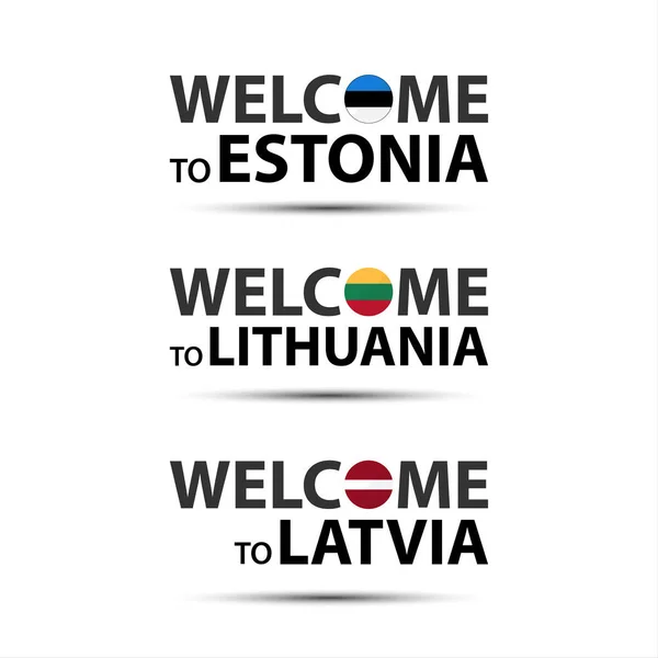 Bienvenido a Letonia, bienvenido a Lituania y bienvenido a Estonia símbolos con banderas, simples iconos modernos letones, lituanos y estonios aislados sobre fondo blanco, ilustración vectorial — Vector de stock