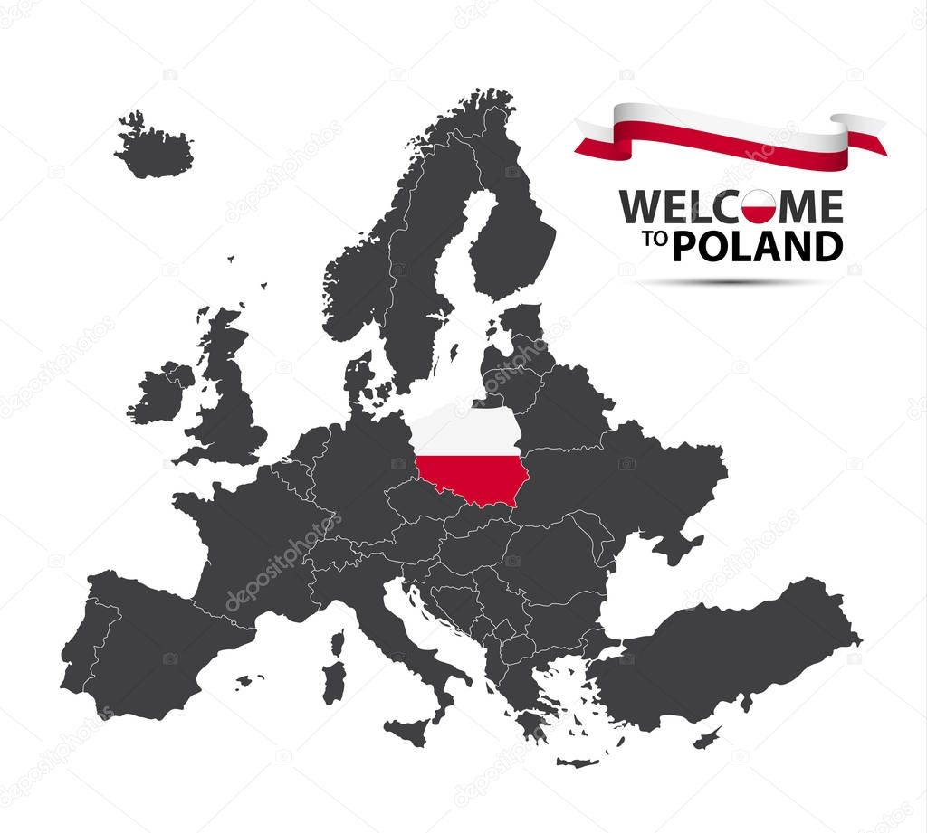 Vector illustration of a map of Europe with the state of Poland in the appearance of the Polish flag and Polish ribbon isolated on a white background