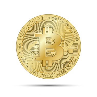 Altın bitcoin sikke, gri arka plan, gerçekçi vektör çizim Infographic, sayfa, broşür, blockchain teknoloji üzerinde izole Kripto Döviz altın sembolü