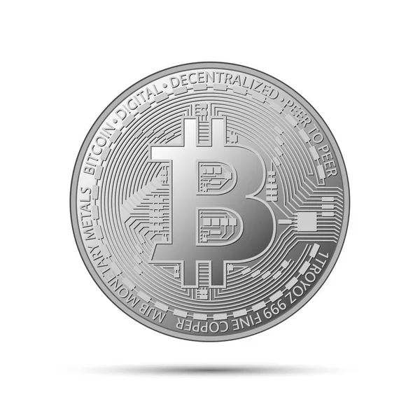 Silberne Bitcoin-Münze, Kryptowährung silbernes Symbol isoliert auf grauem Hintergrund, realistische Vektorillustration für Ihre Infografik, Seite, Prospekt, Blockchain-Technologie — Stockvektor