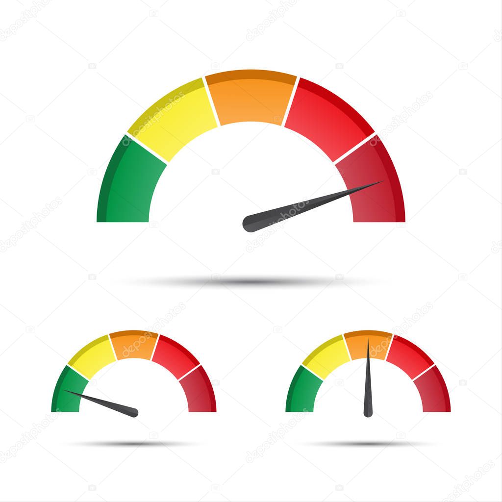 Set of color vector tachometers, flowmeter with indicator in green, orange and red part, speedometer and performance measurement icon, illustration for your web page, infographic, apps and leaflet, low, moderate, high parts