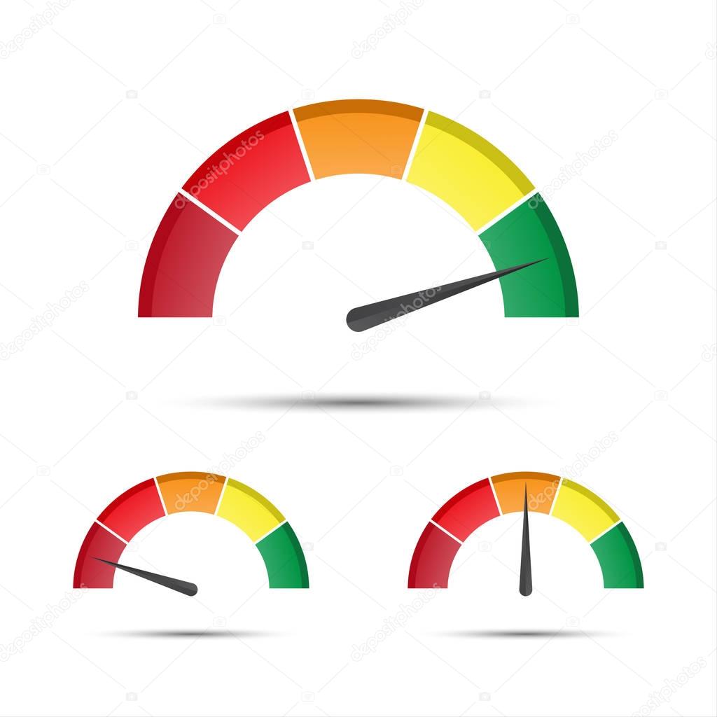 Set of color vector tachometers, flowmeter with indicator in green, orange and red part, speedometer and performance measurement icon, illustration for your web page, infographic, apps and leaflet, low, moderate, high parts