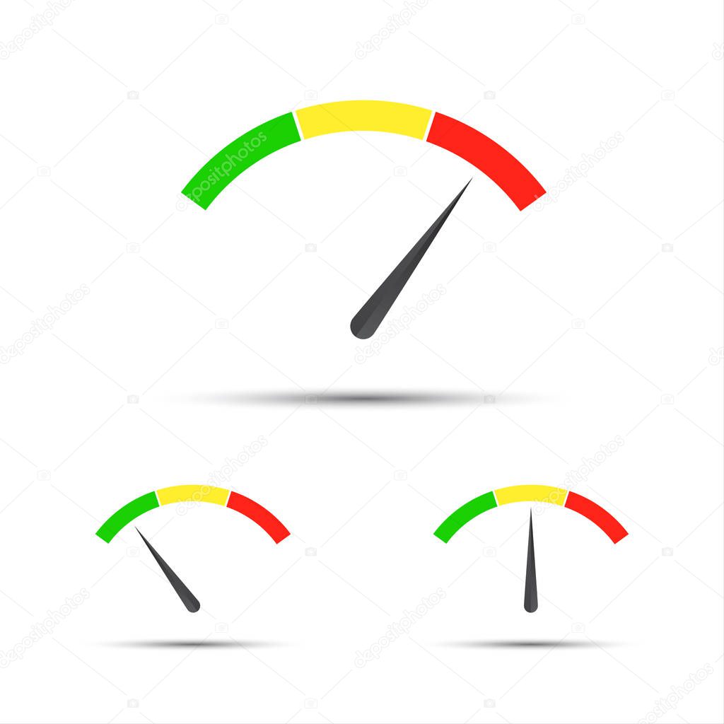 Set of color vector tachometers, flowmeter with indicator in green, orange and red part, speedometer and performance measurement icon, illustration for your web page, infographic, apps and leaflet, low, moderate, high parts
