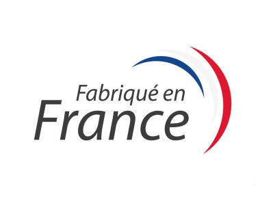 Fransa'da Fransızca dil Fabrique en France, Fransız üç renkli izole üzerinde beyaz arka planı olan basit vektör simge yaptı