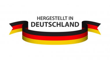 Almanya'da Almanca - Deutschland Hergestellt, Alman üç renkli izole üzerinde beyaz arka plan ile renkli şerit içinde yapılan