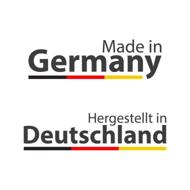 İki basit vektör simge yapılan Almanya'da Almanca - Deutschland, Alman üç renkli beyaz arka plan üzerinde izole işareti Hergestellt