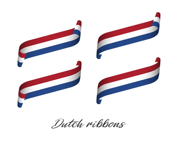 Set van vier moderne gekleurde vector linten met Nederlandse tricolor geïsoleerd op witte achtergrond, vlag van Nederland, Nederlandse linten — Stockvector