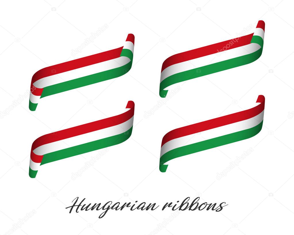 Set of four modern colored vector ribbons with Hungarian tricolor isolated on white background, flag of Hungary, Hungarian ribbons